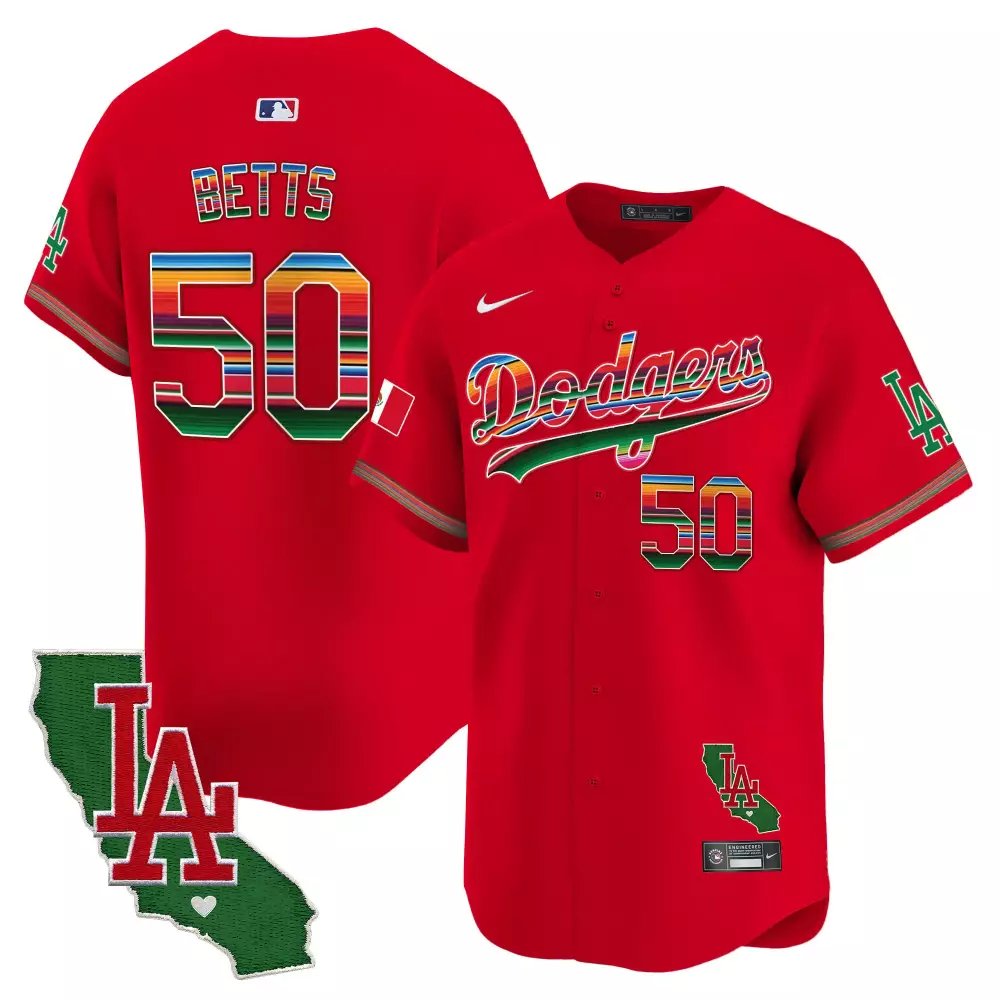 Mookie Betts 50 Dodgers Jersey Red Cinco De Mayo California Map LA Mexican Flag Men