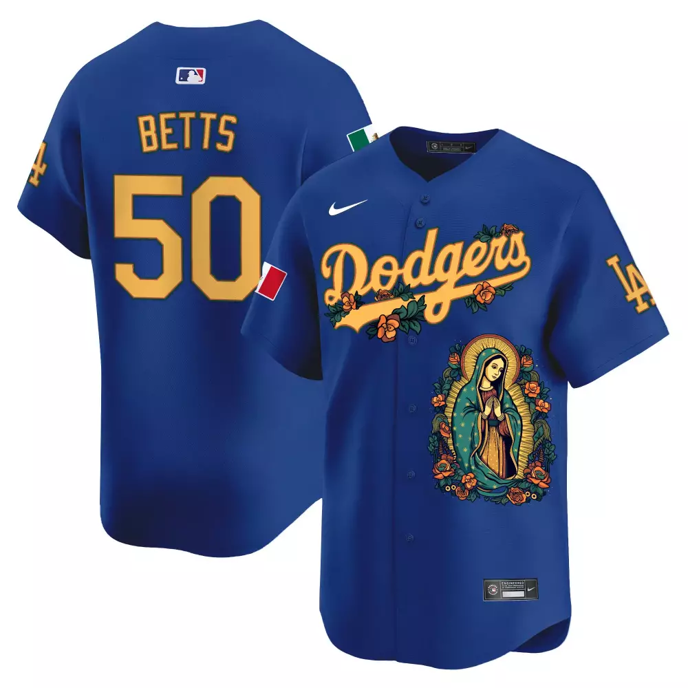 Mookie Betts 50 Dodgers Jersey Royal Blue Our Lady Of Guadalupe Mexico Flag Men Player