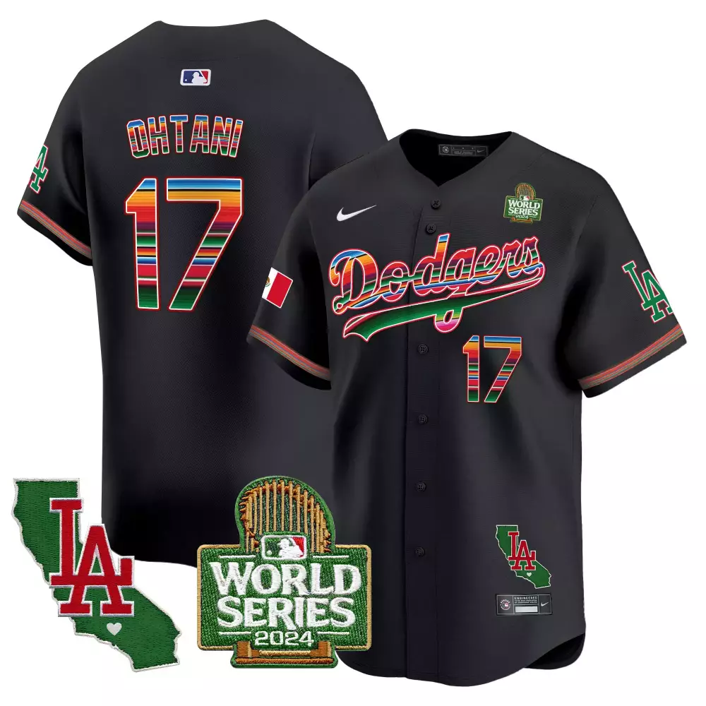 Shohei Ohtani 17 Dodgers Jersey Black World Series 2024 California Outline LA Mexico Flag