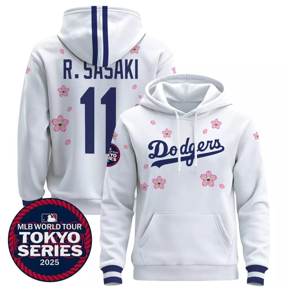 R Sasaki 11 Dodgers Jersey White Tokyo Series 2025 Men Hoodie Navy Pink Stitched