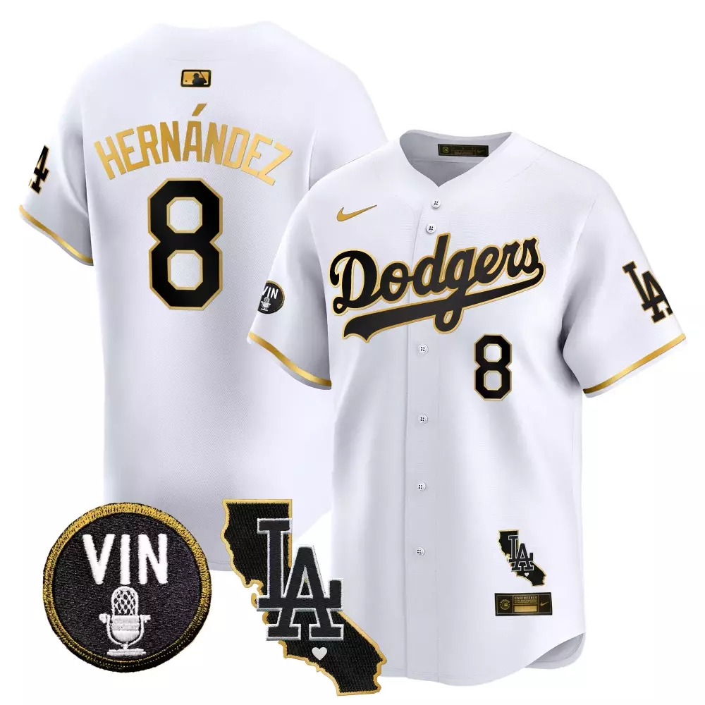 Kike Hernandez 8 Dodgers Jersey White City Connect Vin California LA 2023 Men Gold
