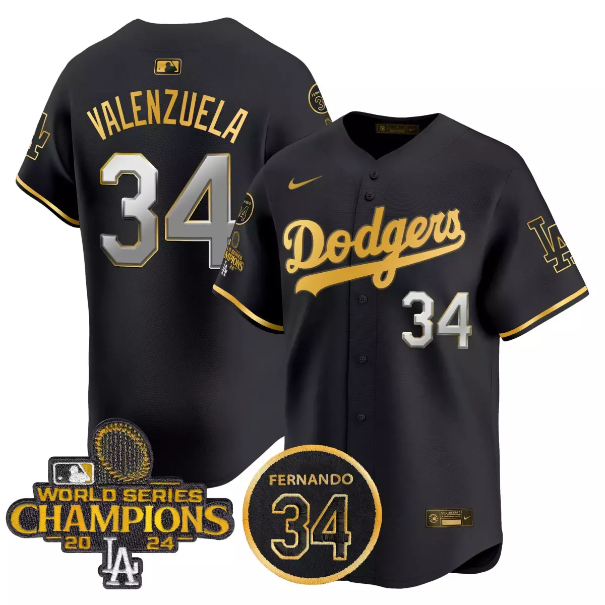 Valenzuela Fernando 34 Dodgers Jersey Black World Series Champions 2024 LA Men Gold