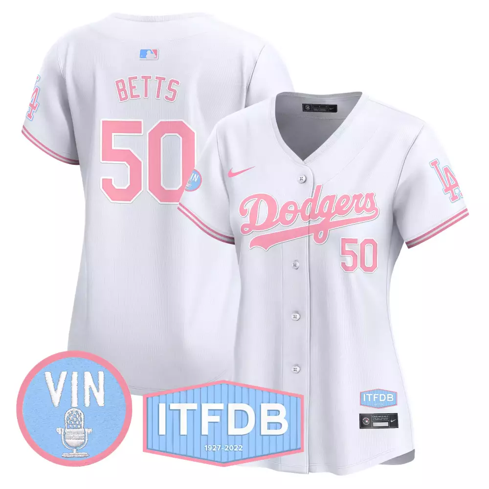 Mookie Betts 50 Dodgers Jersey White Men Alternate Pink Vapor Premier Limited All