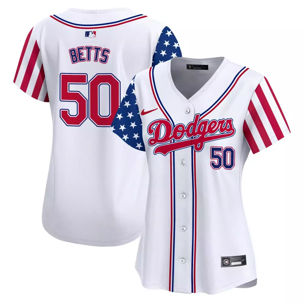 Mookie Betts 50 Dodgers Jersey White Women Split Custom Design Red Blue Vapor Premier