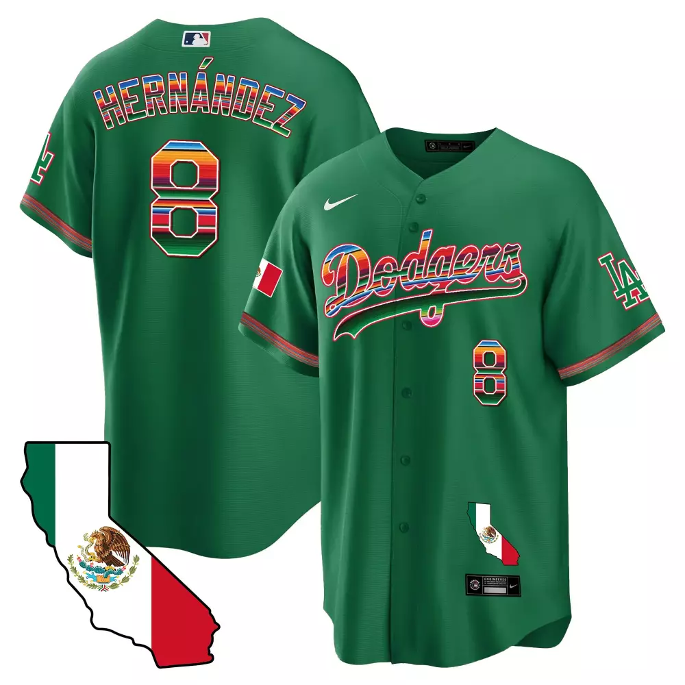 Kike Hernandez 8 Dodgers Jersey Green Mexican Heritage / City Connect Mexico Flag California Outline