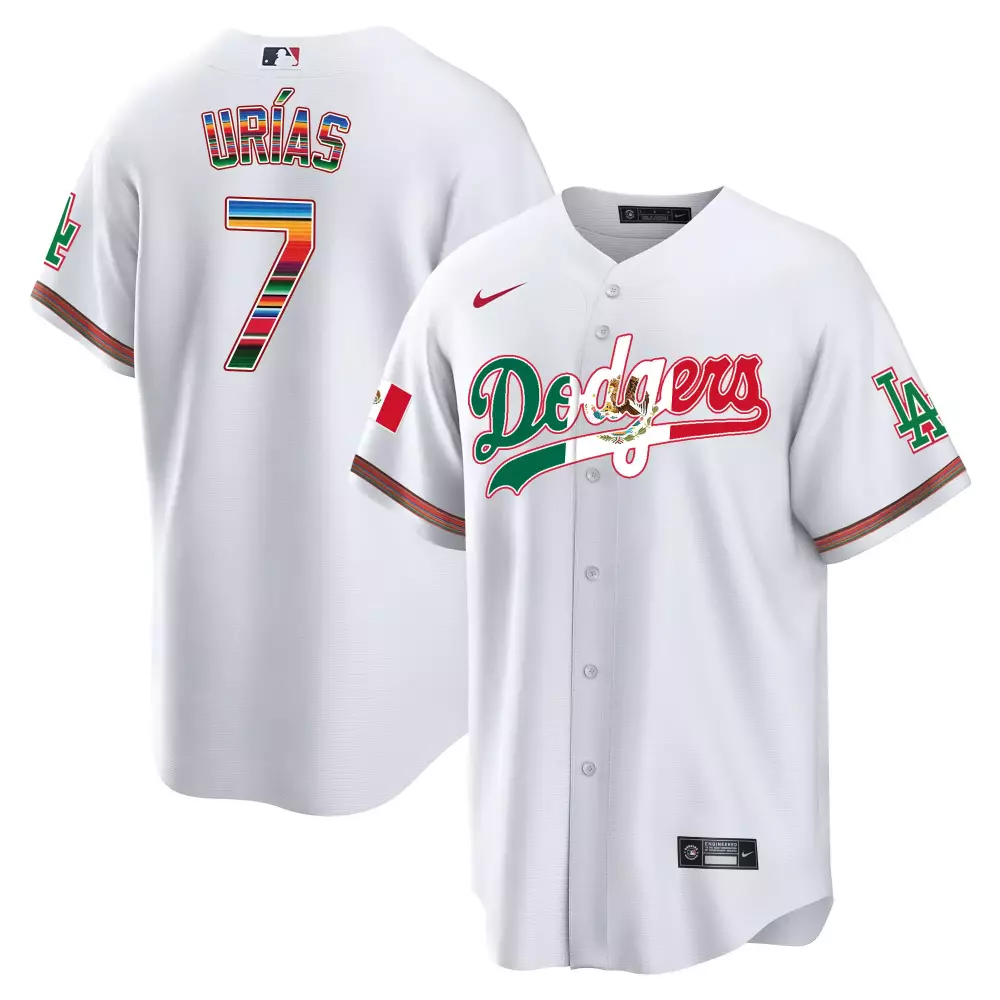 Julio Urias 7 Dodgers Jersey White Mexican Flag LA Men Green Red Gold Cool Base Limited