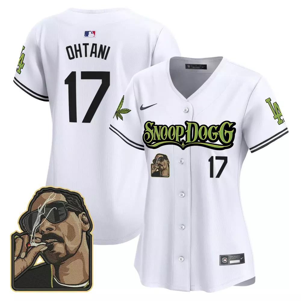 Shohei Ohtani 17 Jersey White Snoop Dogg Los Angeles Dodgers Marijuana Leaf Portrait 2023