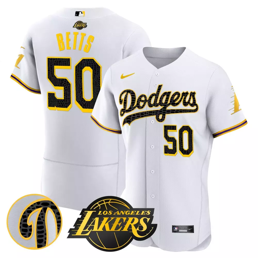 Mookie Betts 50 Dodgers Jersey White Los Angeles Lakers Collaboration 2023 Men Yellow