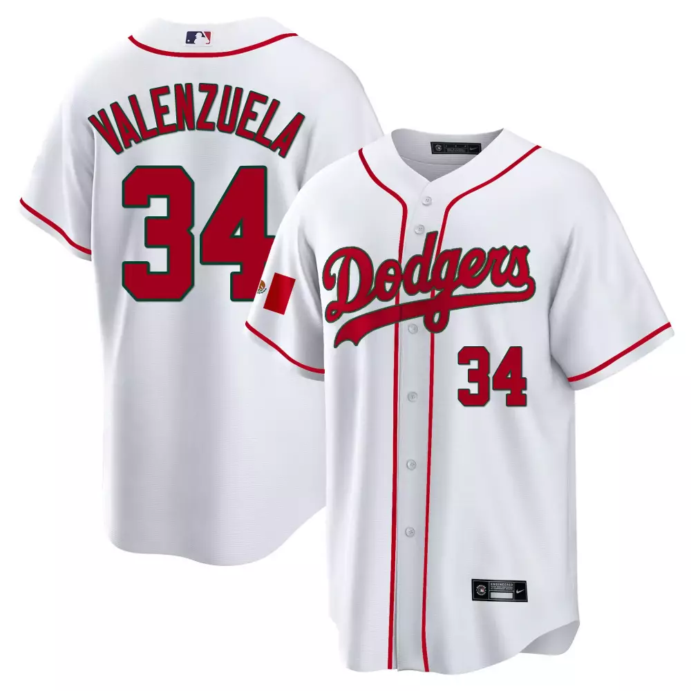 Valenzuela 34 Dodgers Jersey White Mexico Flag Men Red Green Cool Base All Stitched