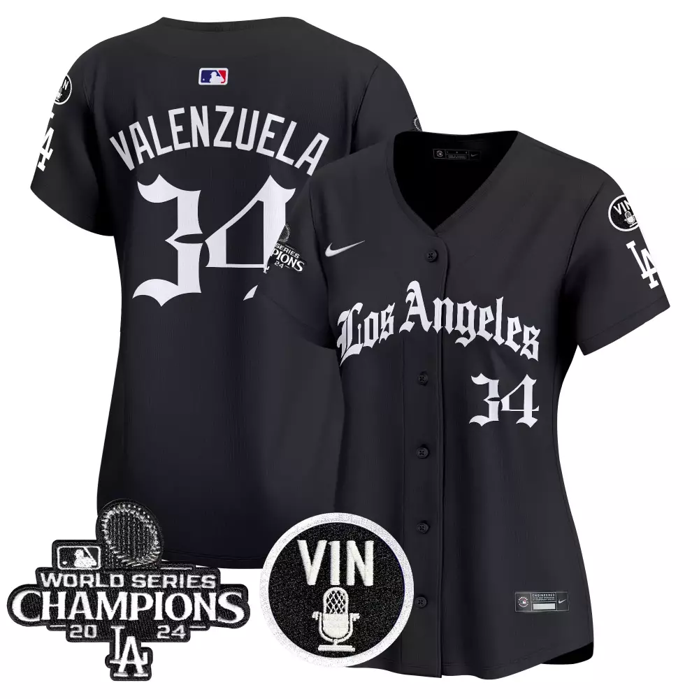 Valenzuela LA 34 Jersey Black World Series Champions Los Angeles Dodgers 2024 Vin