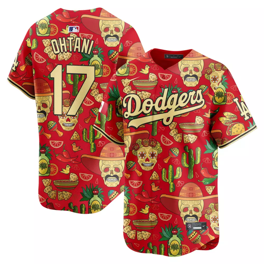 Shohei Ohtani 17 Dodgers Jersey Red Cinco De Mayo Men Custom Design Gold Green Yellow