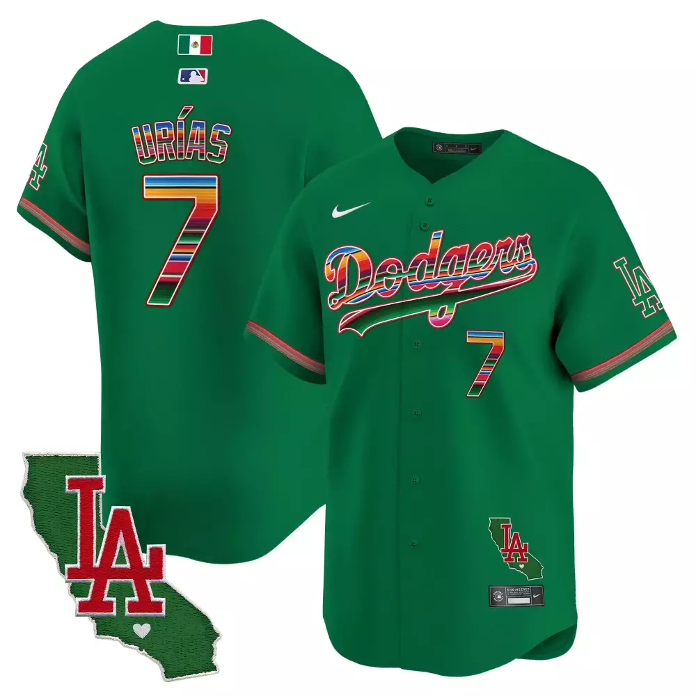 Julio Urias 7 Dodgers Jersey Green Cinco De Mayo Mexico Flag LA California Shape