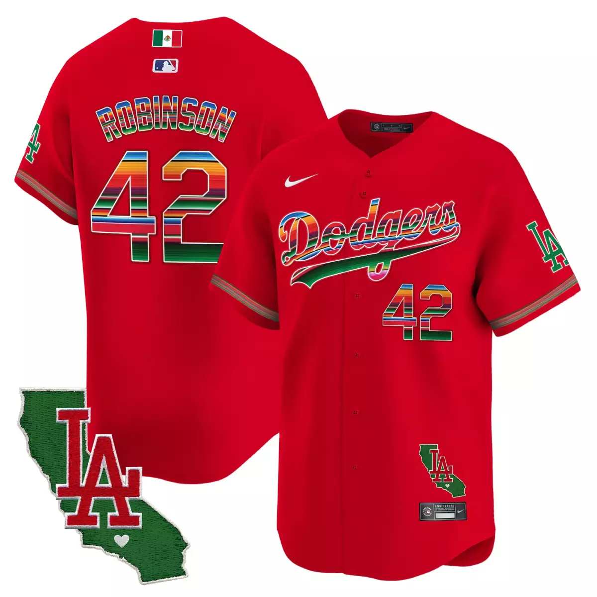 Robinson Mexico 42 Dodgers Jersey Red Cinco De Mayo Mexican Flag California Shape LA 2024