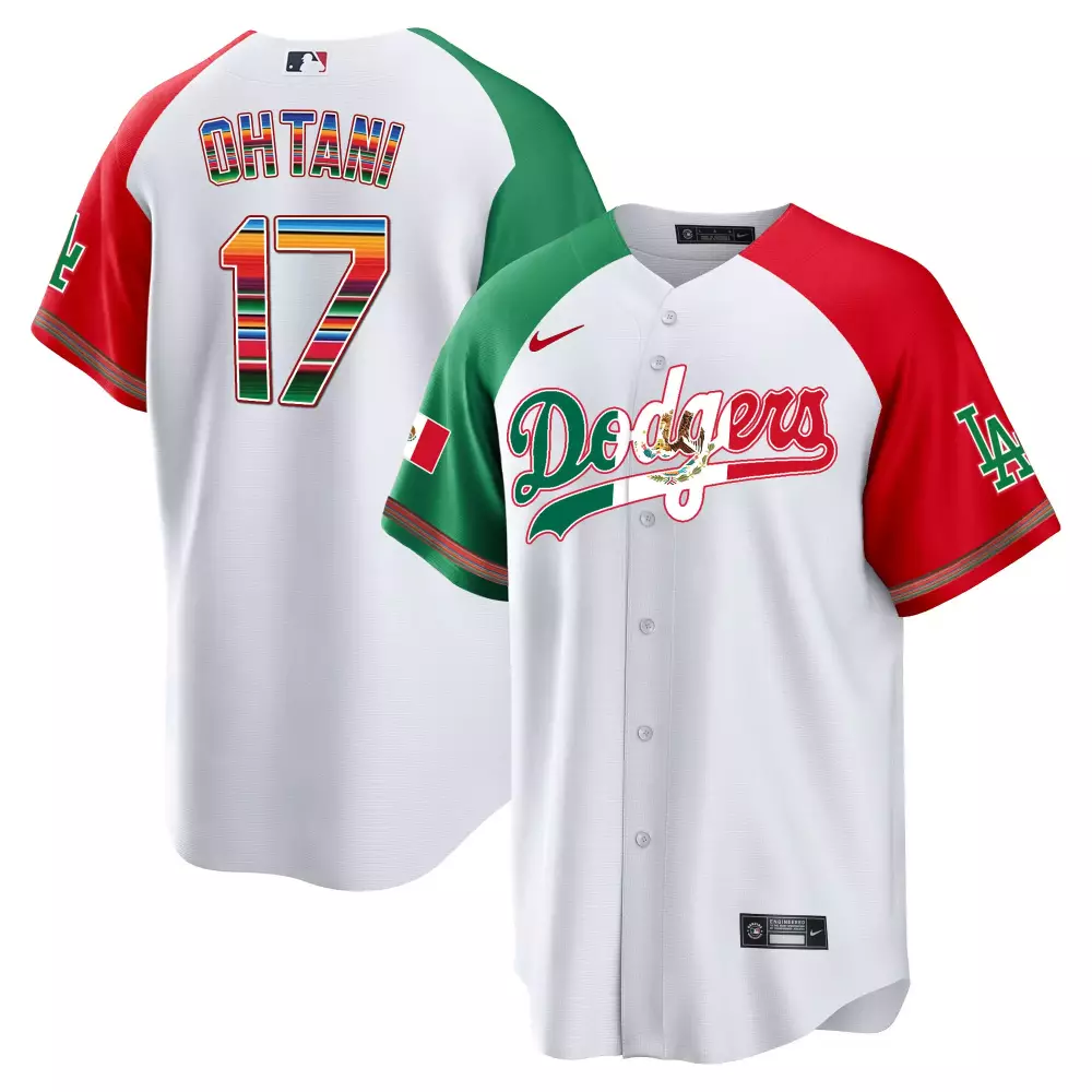 Shohei Ohtani 17 Dodgers Jersey White Mexico Series Flag Men Split Design Green Red