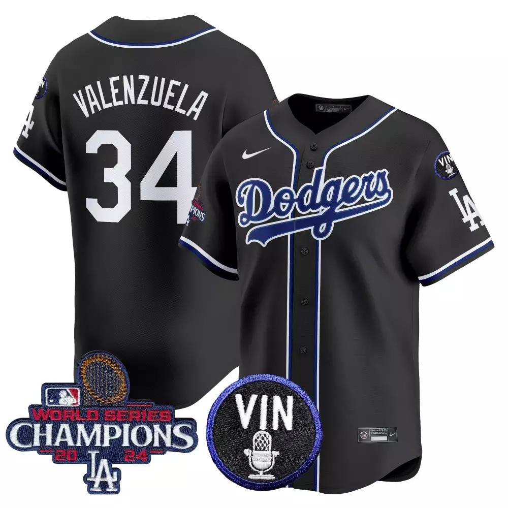 Fernando Valenzuela 34 Dodgers Jersey Black World Series Champions 2024 Vin Microphone