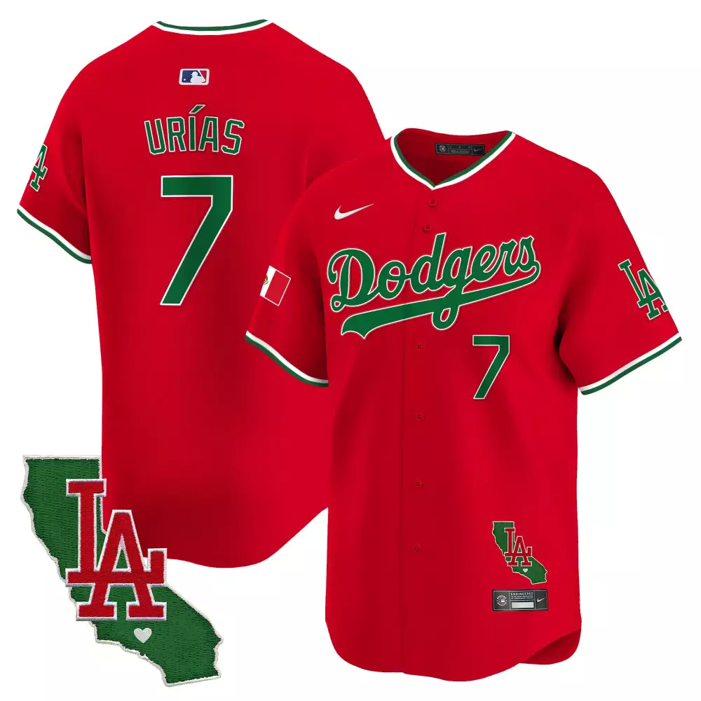 Julio Urias 7 Dodgers Jersey Red City Connect Mexico Flag California State Outline LA
