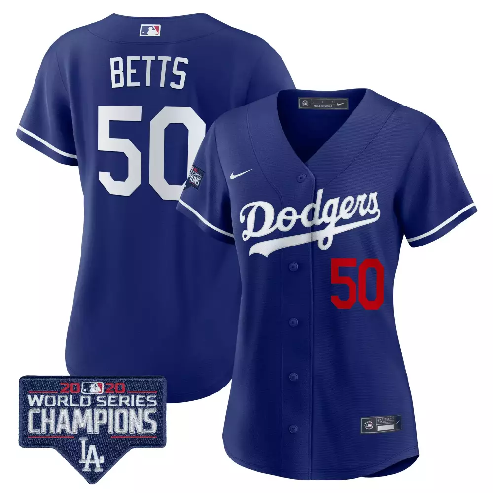 Mookie Betts 50 Dodgers Jersey Blue 2020 World Series Champions Men White All Stitched