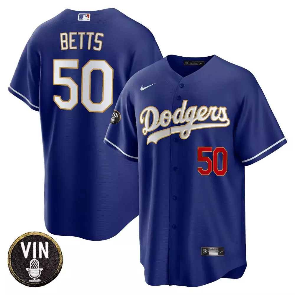 Mookie Betts 50 Dodgers Jersey Blue Vin Men White Red Cool Base