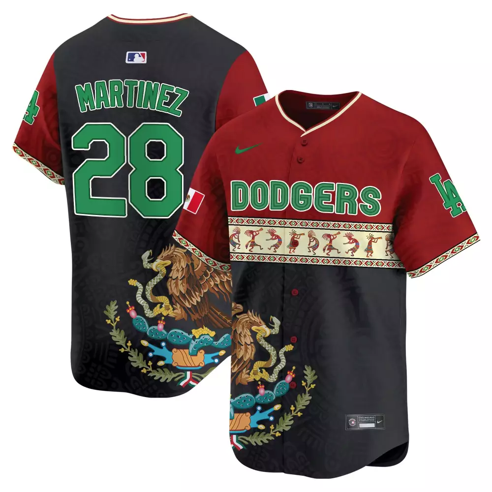 Martinez 28 Dodgers Jersey Red Mexico Day Men Player Split Custom Design Black Green