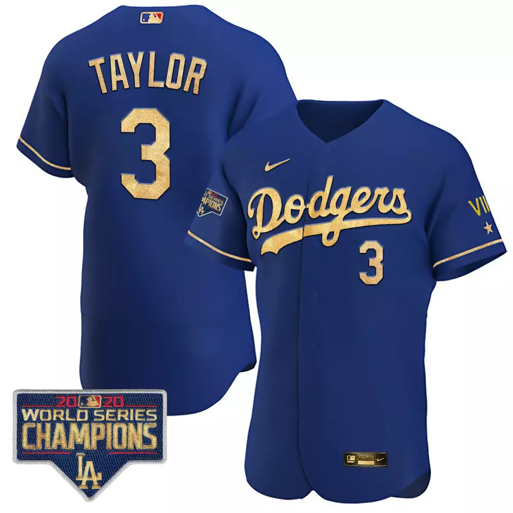 Chris Taylor 3 Dodgers Jersey Blue 2020 World Series Champions Men Gold All Stitched