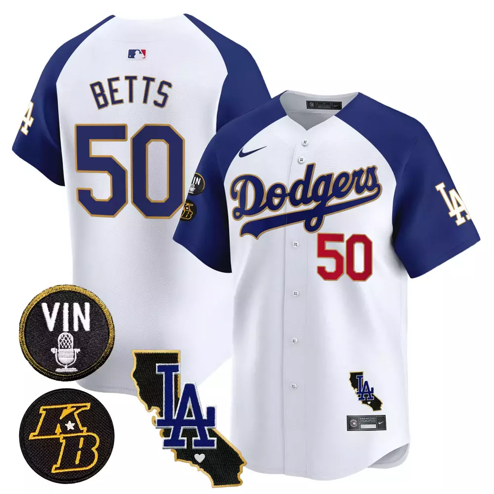 Mookie Betts 50 Dodgers Jersey White City Connect Vin Scully California State 2023