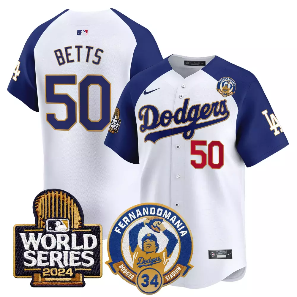 Mookie Betts 50 Dodgers Jersey White Fernandomania World Series 2024 34 Men Blue