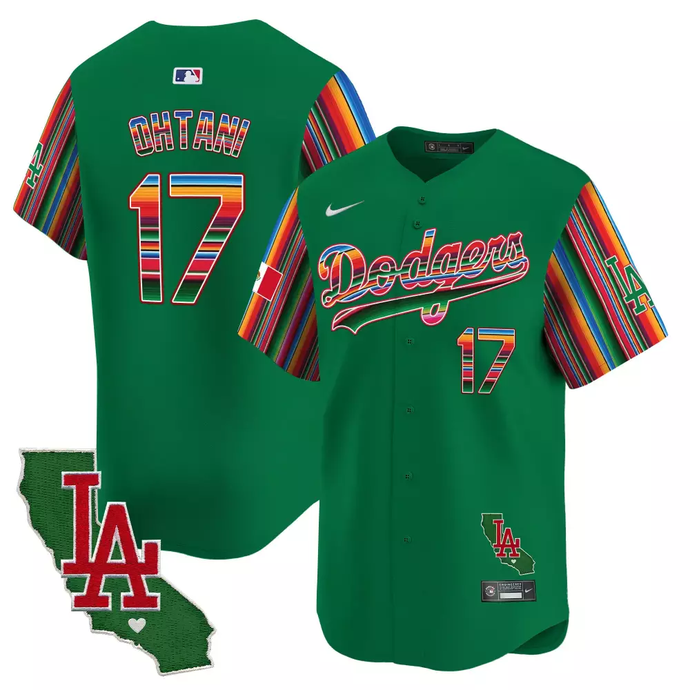 Shohei Ohtani 17 Dodgers Jersey Green Cinco De Mayo California Outline LA Engineered
