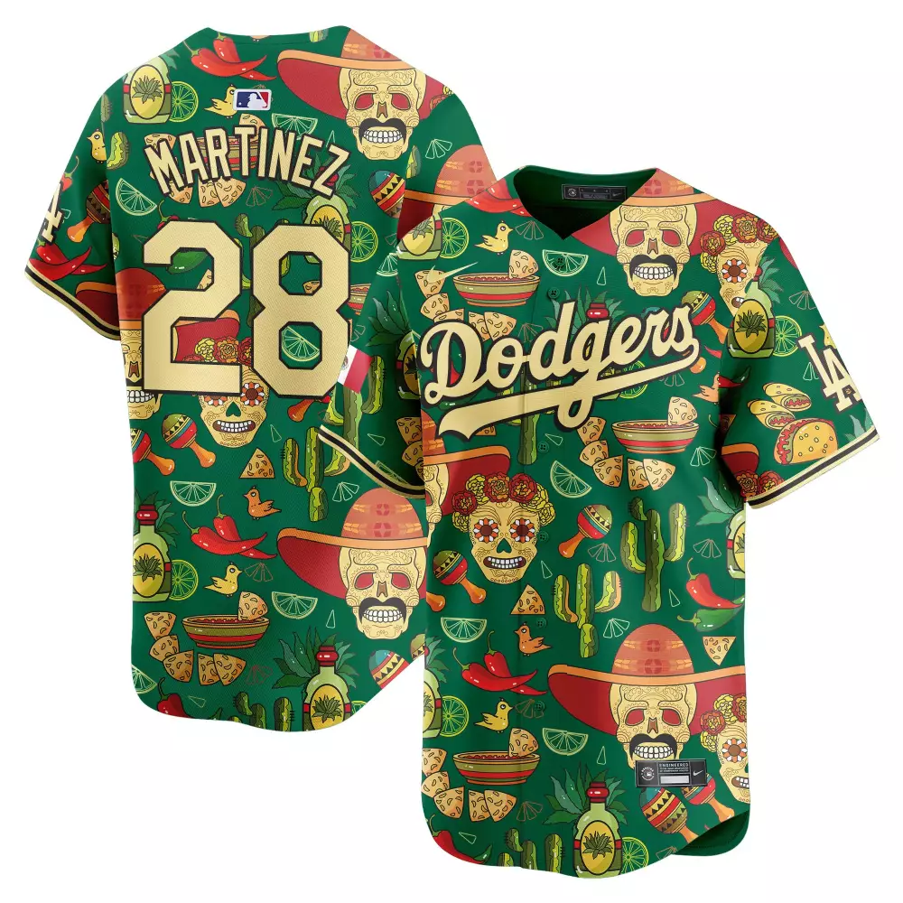Martinez 28 Dodgers Jersey Green Cinco De Mayo Men Custom Design Gold Red White Vapor