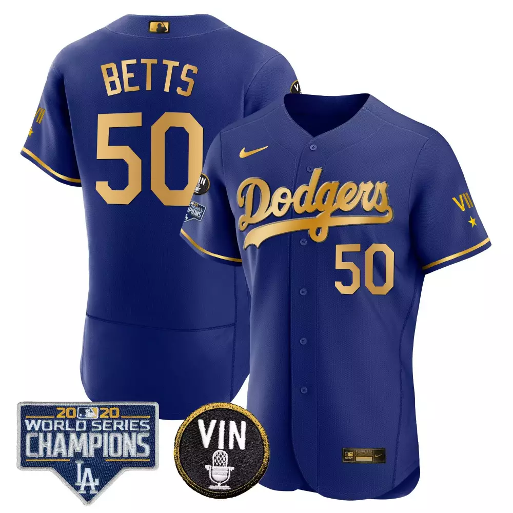 Mookie Betts 50 Dodgers Jersey Blue World Series Champions Vin 2020 Men Gold Flex