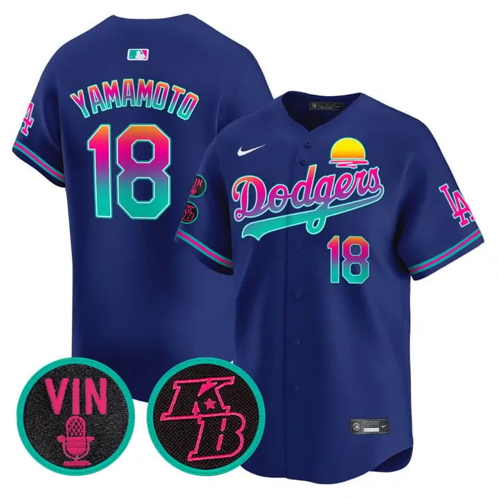 Yoshinobu Yamamoto 18 Dodgers Jersey Blue Vin Microphone LA Sb Men Split Pink Teal