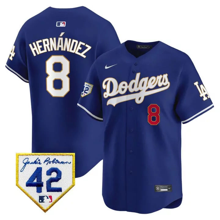 Hernandez 8 Dodgers Jersey Blue Jackie Robinson Day 42 Men White Red Gold Vapor Premier