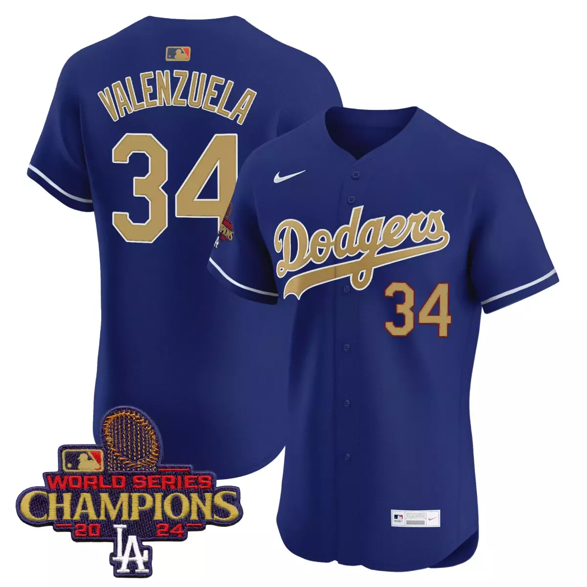 Valenzuela 34 Dodgers Jersey Royal Blue Men Gold White Vapor Premier Elite All Stitched