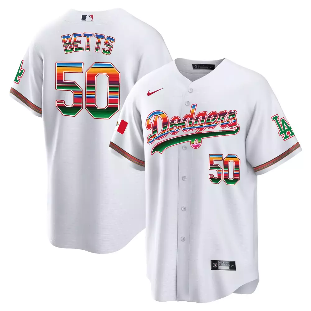 Mookie Betts 50 Dodgers Jersey White Mexico Flag Men Mexican Heritage Green Red Yellow