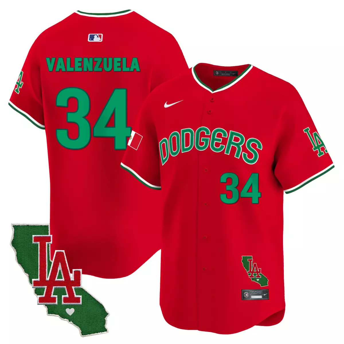 Valenzuela Mexico 34 Dodgers Jersey Red Cinco De Mayo Flag California Map Men Green