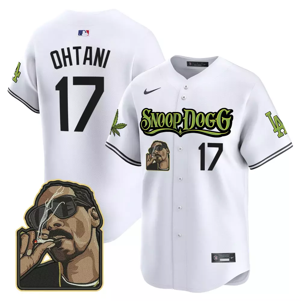 Shohei Ohtani 17 Jersey White Snoop Dogg Los Angeles Dodgers Marijuana Leaf Portrait 2024