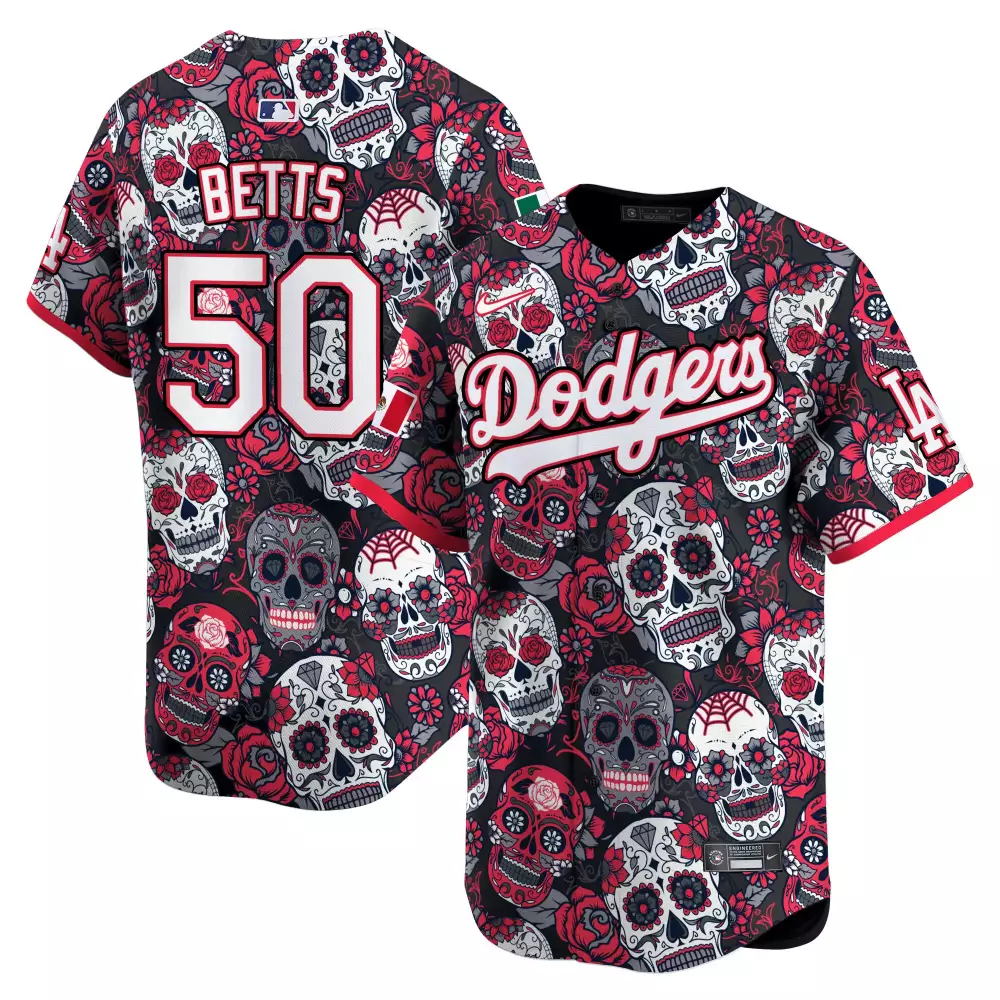 Mookie Betts 50 Dodgers Jersey Black Men Sugar Skull Inverted Custom Design Red White
