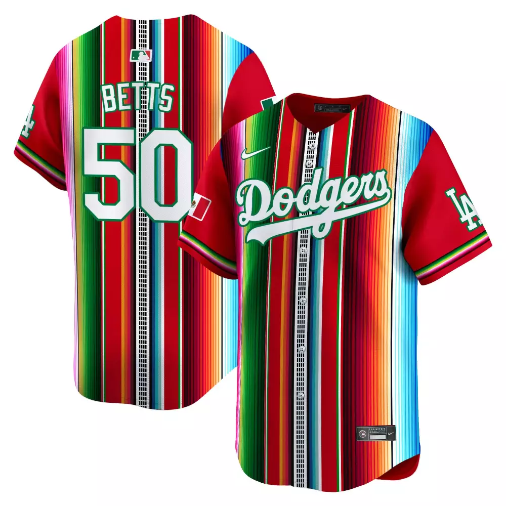 Mookie Betts 50 Dodgers Jersey Red Cinco De Mayo Men Split Custom Design Green White