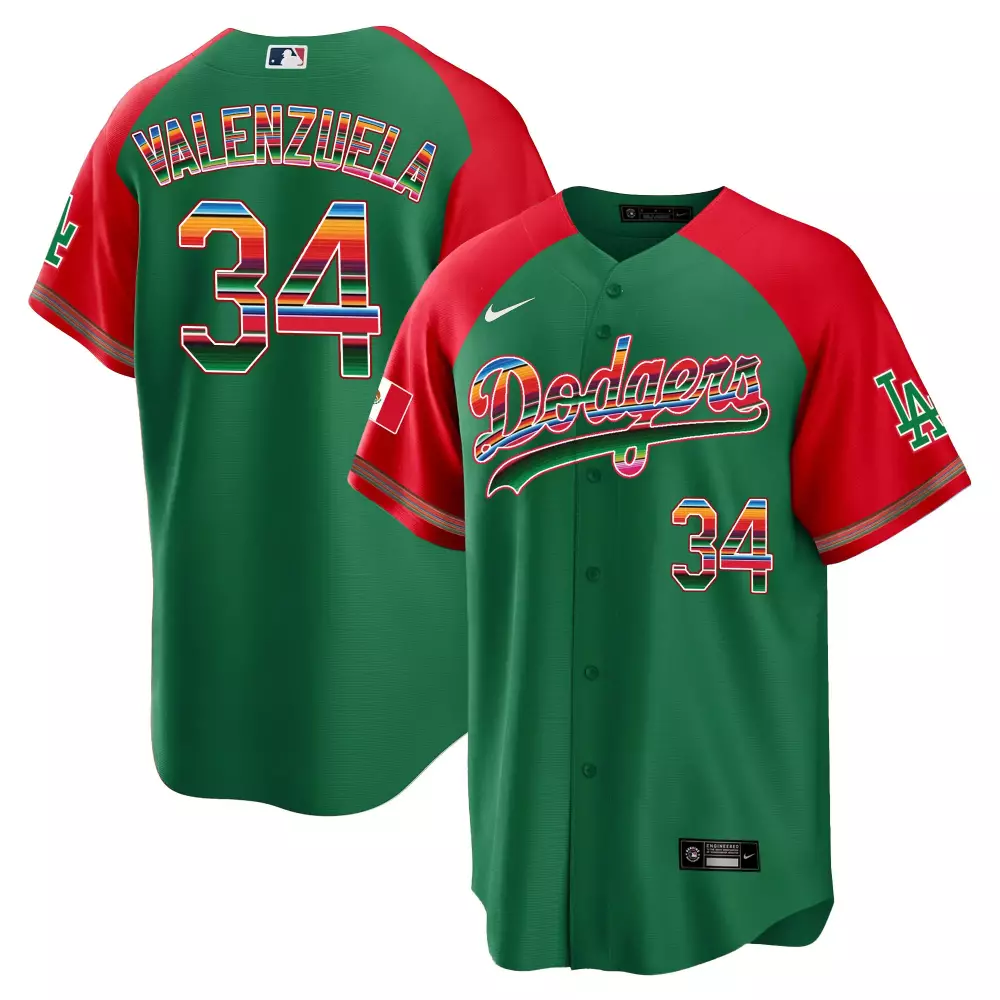 Fernando Valenzuela 34 Dodgers Jersey Green Mexican Heritage Flag Men Split Red Multicolor