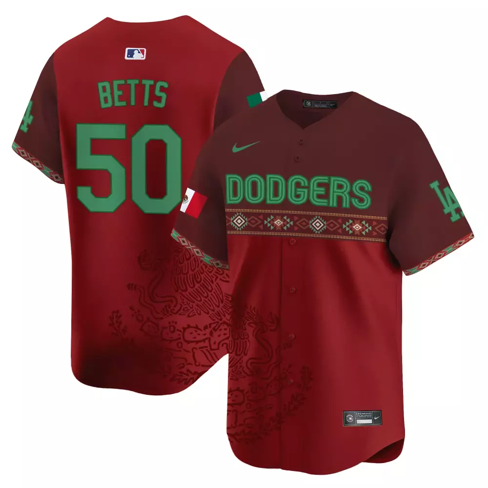 Mookie Betts 50 Dodgers Jersey Maroon Mexico Series Mexican Flag LA Men Custom Design