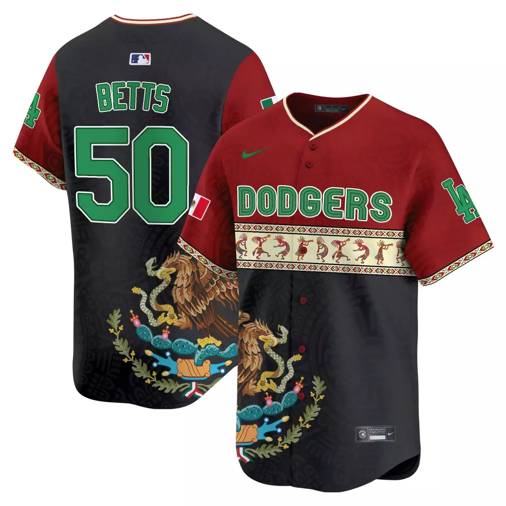 Mookie Betts 50 Dodgers Jersey Maroon Mexican Flag Men Split Custom Design Black
