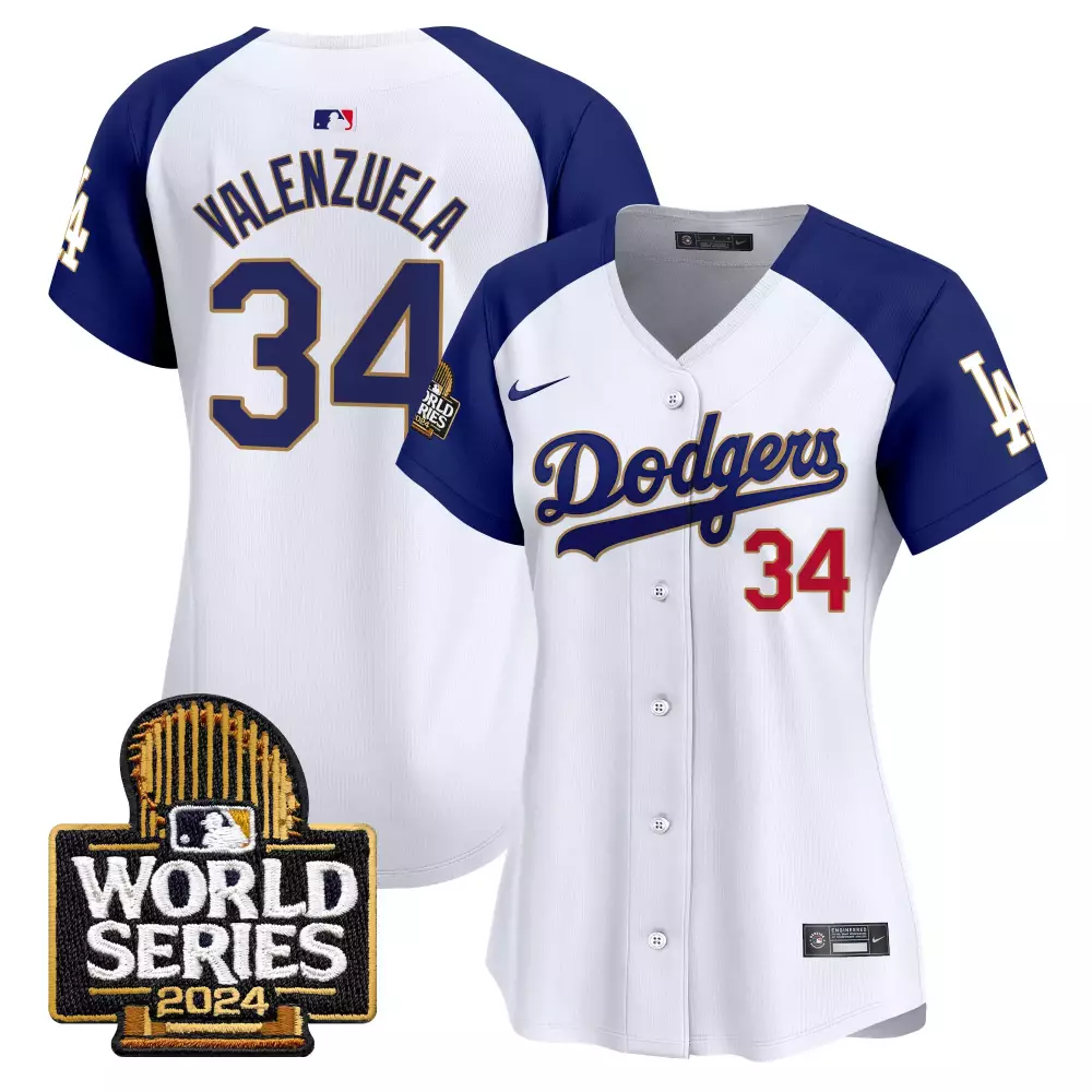 Fernando Valenzuela 34 Jersey White World Series 2024 Los Angeles Dodgers Women Blue