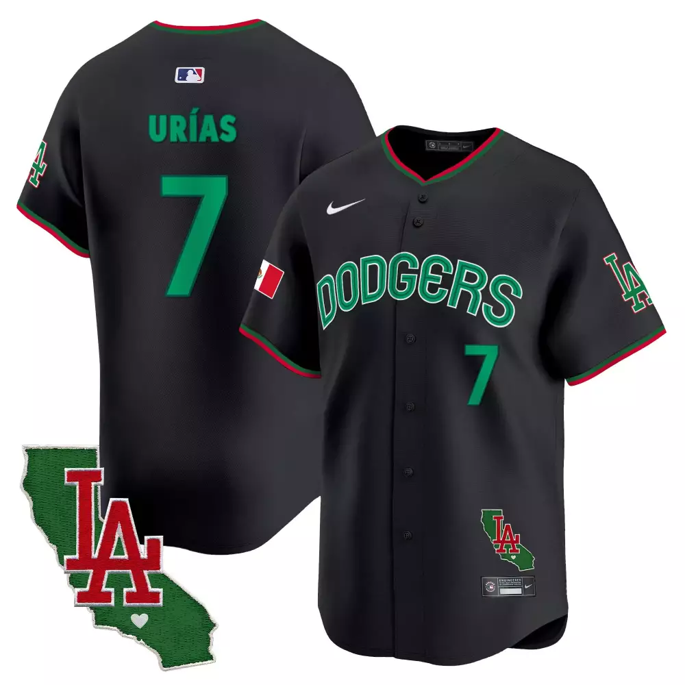 Julio Urias 7 Dodgers Jersey Black Mexico City Series Flag California State Shape LA