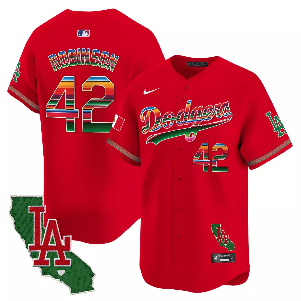 Robinson Mexico 42 Dodgers Jersey Red Cinco De Mayo Mexican Flag California Outline LA