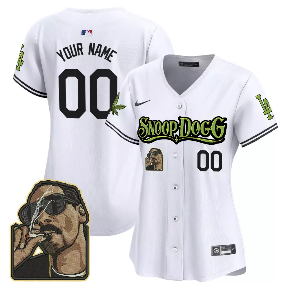 Custom Los Angeles Dodgers Jersey White Snoop Dogg Portrait Marijuana Leaf Women