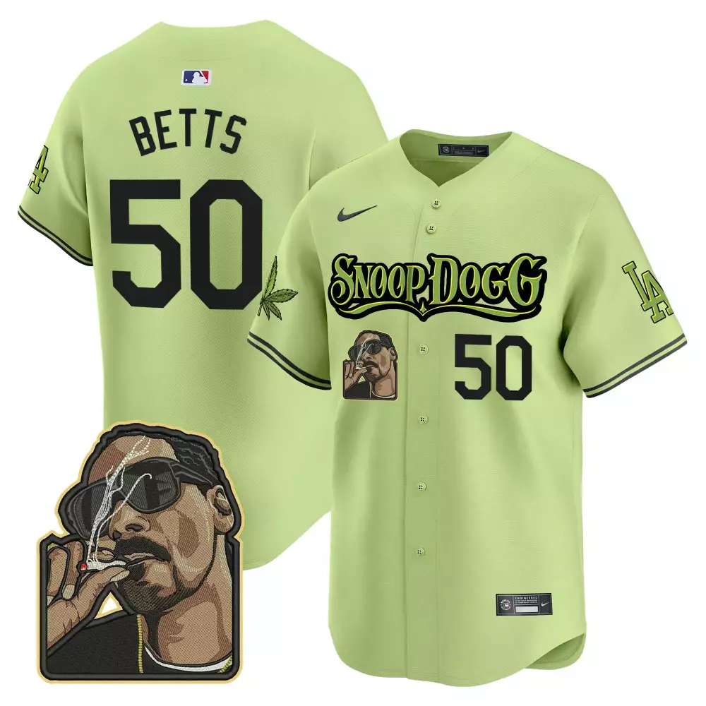 Mookie Betts 50 Jersey Light Green Snoop Dogg Los Angeles Dodgers Marijuana Leaf Portrait 2023