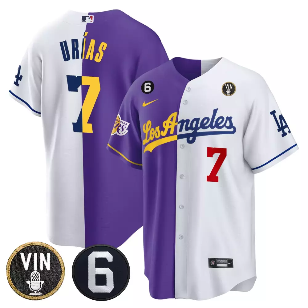 Julio Urias 7 Los Angeles Dodgers Jersey Purple Vin Men MLB Split Design White Yellow