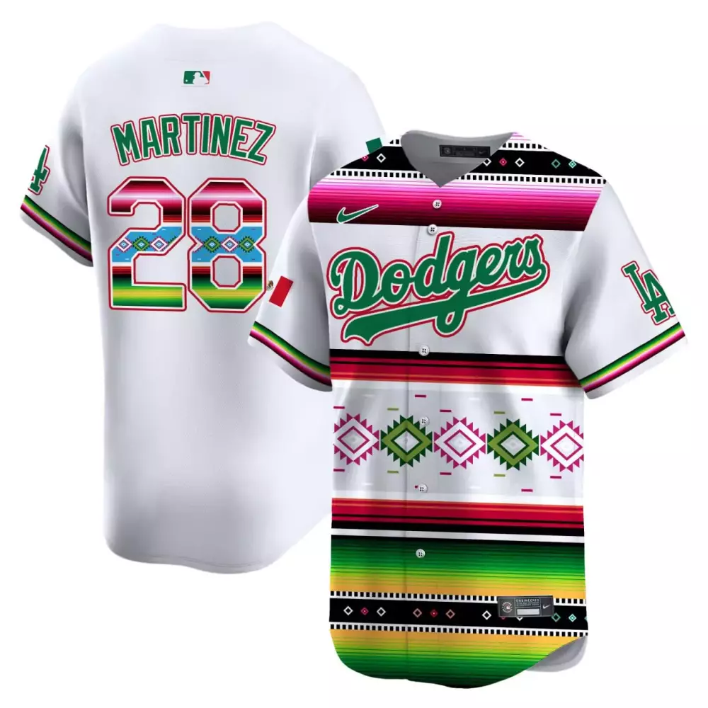 Martinez 28 Dodgers Jersey White Men Alternate Custom Design Green Pink Red Yellow