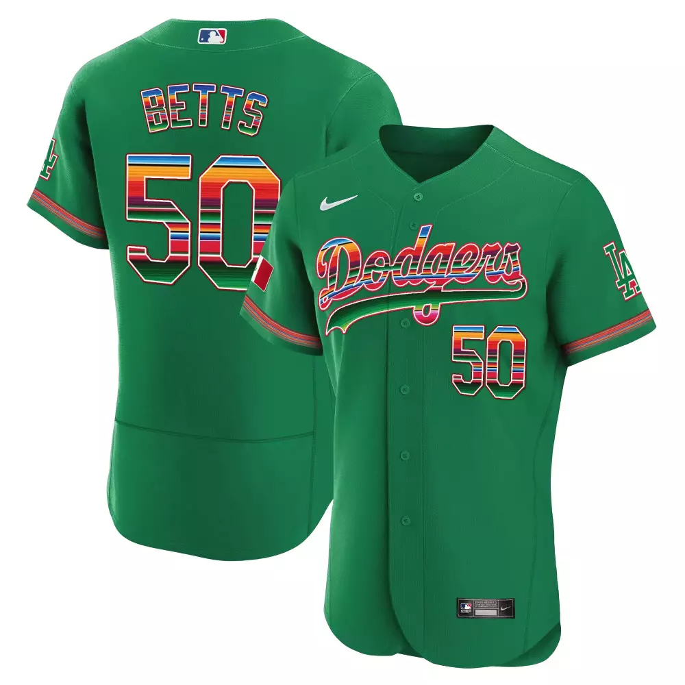 Mookie Betts 50 Dodgers Jersey Green Cinco De Mayo Men Custom Design Red Blue Yellow