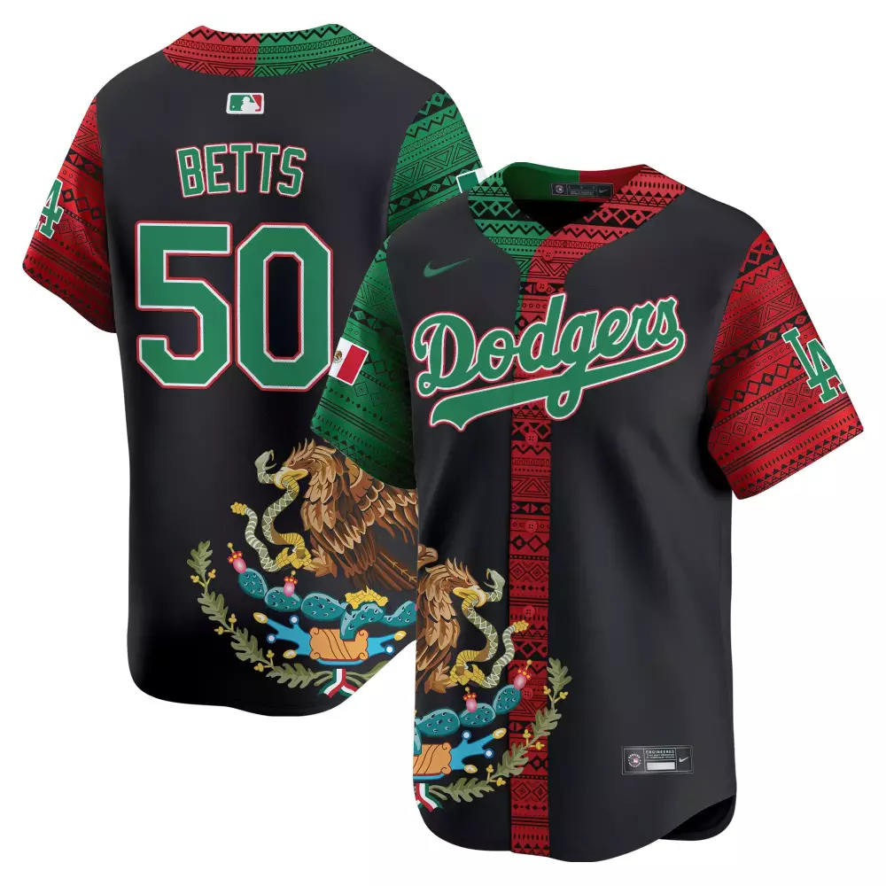 Mookie Betts 50 Dodgers Jersey Black Mexico Mexican Flag Men Split Custom Design