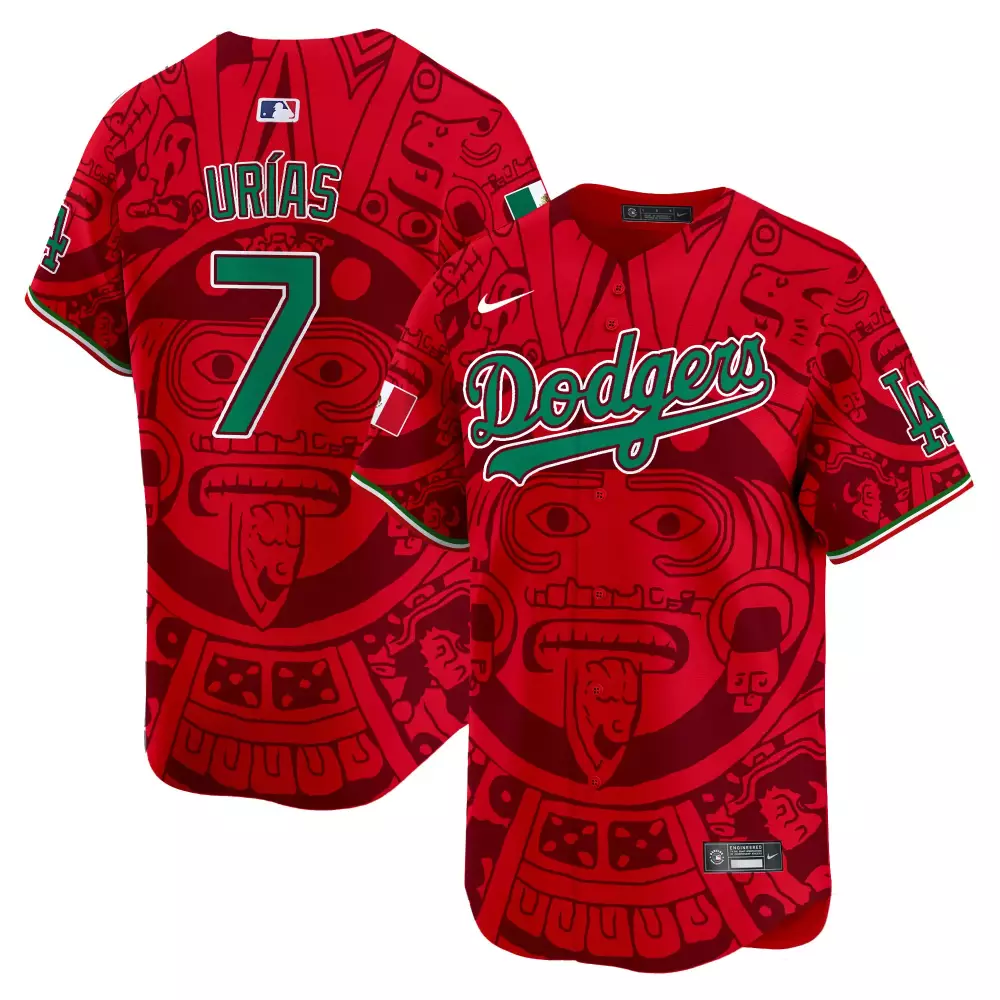 Julio Urias 7 Dodgers Jersey Red Mexico Flag Men Custom Design Green Vapor Premier